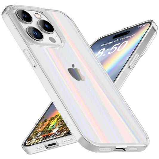 NALIA Transparente Glashülle für iPhone 15 Pro Max – Holografischer Prisma-Effekt (Regenbogen Schimmer) – 9H Hartglas & Anti-Gelb – AURORA – Marke aus Berlin