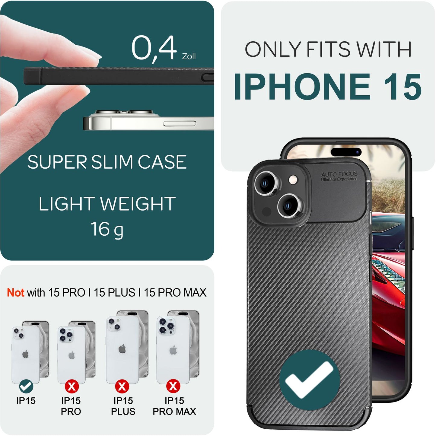 NALIA Silikonhülle für iPhone 15 – Rutschfest & Matt – VORTEX (Gebürstete Optik & Carbon Design) – Marke aus Berlin