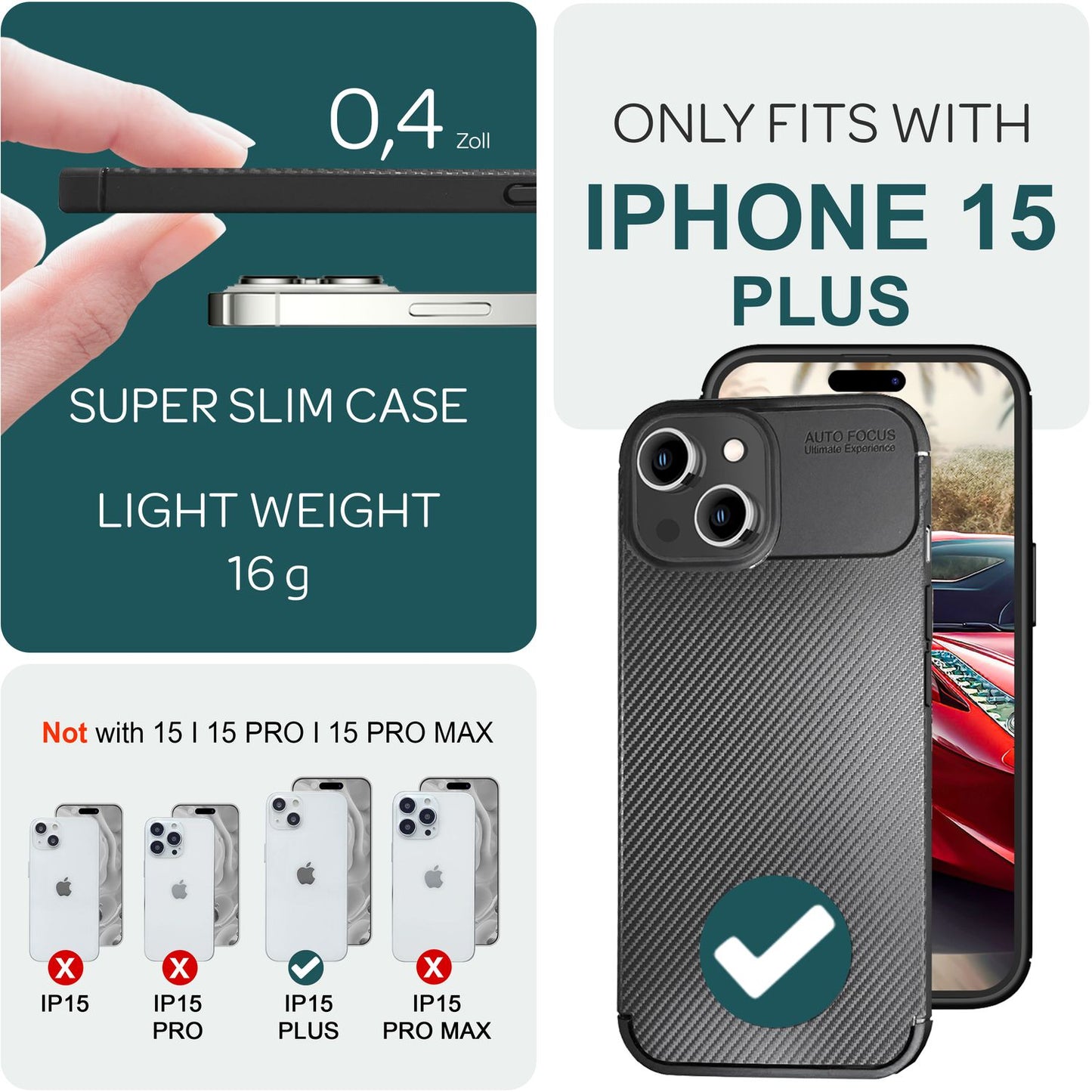NALIA Silikonhülle für iPhone 15 Plus – Rutschfest & Matt – VORTEX (Gebürstete Optik & Carbon Design) – Marke aus Berlin