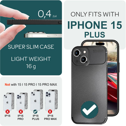 NALIA Silikonhülle für iPhone 15 Plus – Rutschfest & Matt – VORTEX (Gebürstete Optik & Carbon Design) – Marke aus Berlin