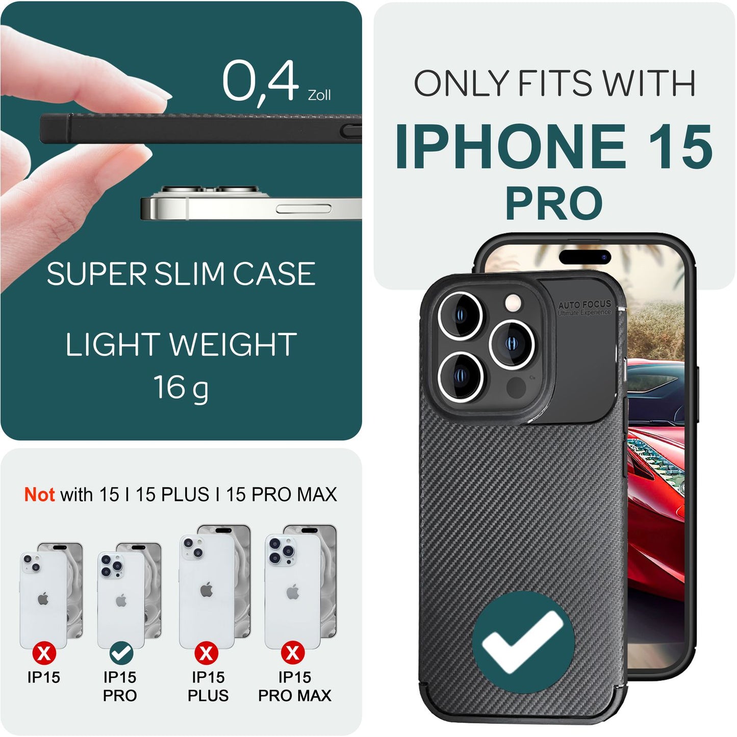 NALIA Silikonhülle für iPhone 15 Pro – Rutschfest & Matt – VORTEX (Gebürstete Optik & Carbon Design) – Marke aus Berlin