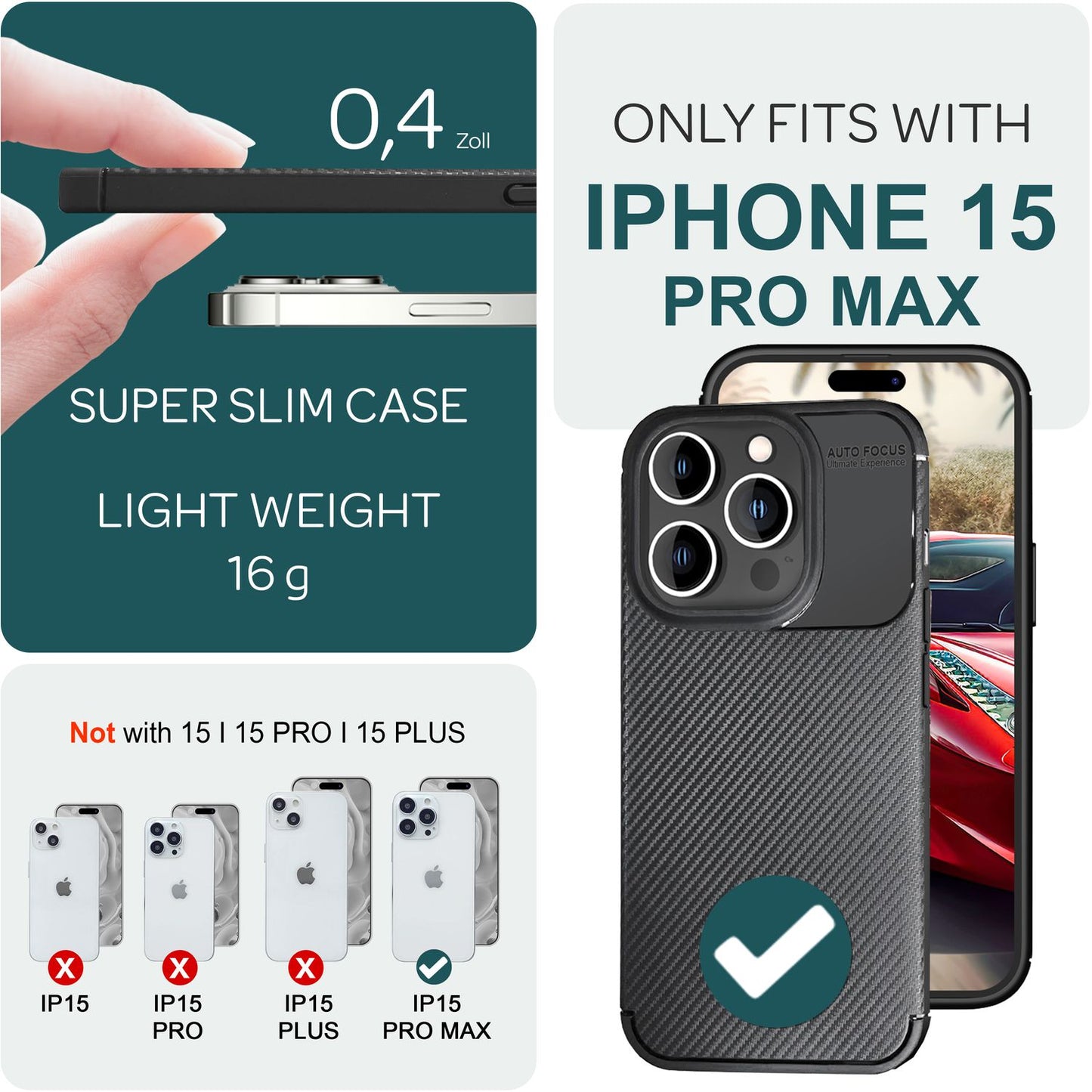 NALIA Silikonhülle für iPhone 15 Pro Max – Rutschfest & Matt – VORTEX (Gebürstete Optik & Carbon Design) – Marke aus Berlin