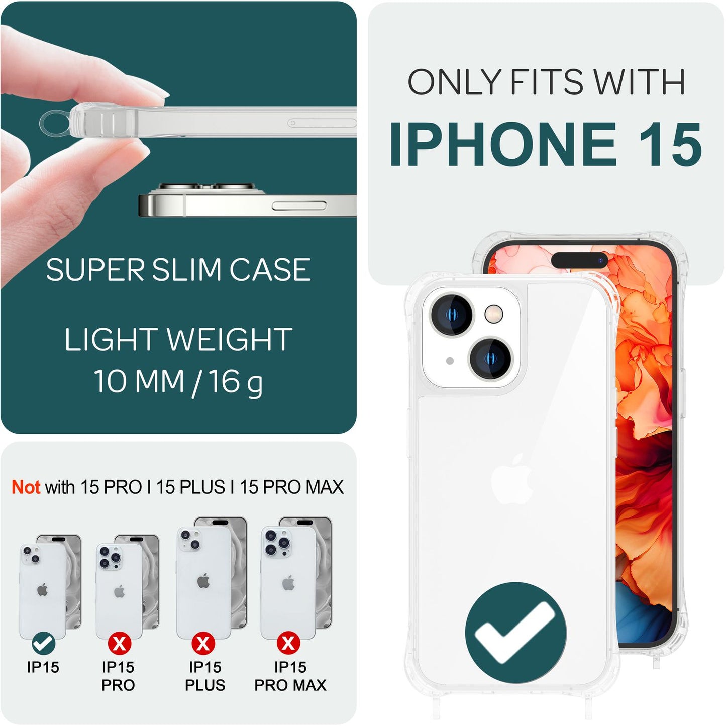 NALIA Handykette für iPhone 15 – Transparentes Hybrid-Case & Band – HANGIT PRO (Anti-Gelb Rückseite & Verstellbar) – Marke aus Berlin