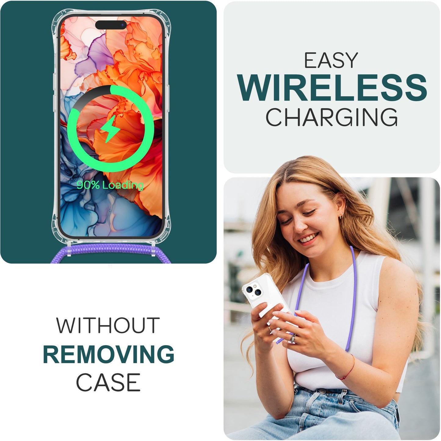 NALIA Handykette für iPhone 15 – Transparentes Hybrid-Case & Band – HANGIT PRO (Anti-Gelb Rückseite & Verstellbar) – Marke aus Berlin