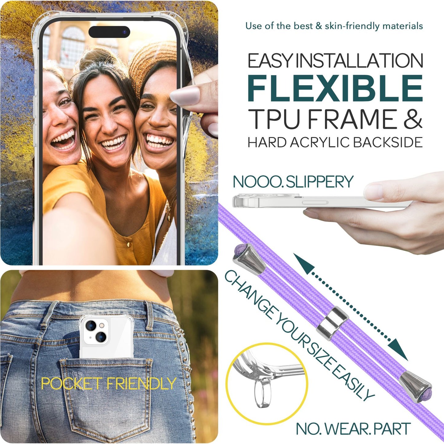 NALIA Handykette für iPhone 15 – Transparentes Hybrid-Case & Band – HANGIT PRO (Anti-Gelb Rückseite & Verstellbar) – Marke aus Berlin