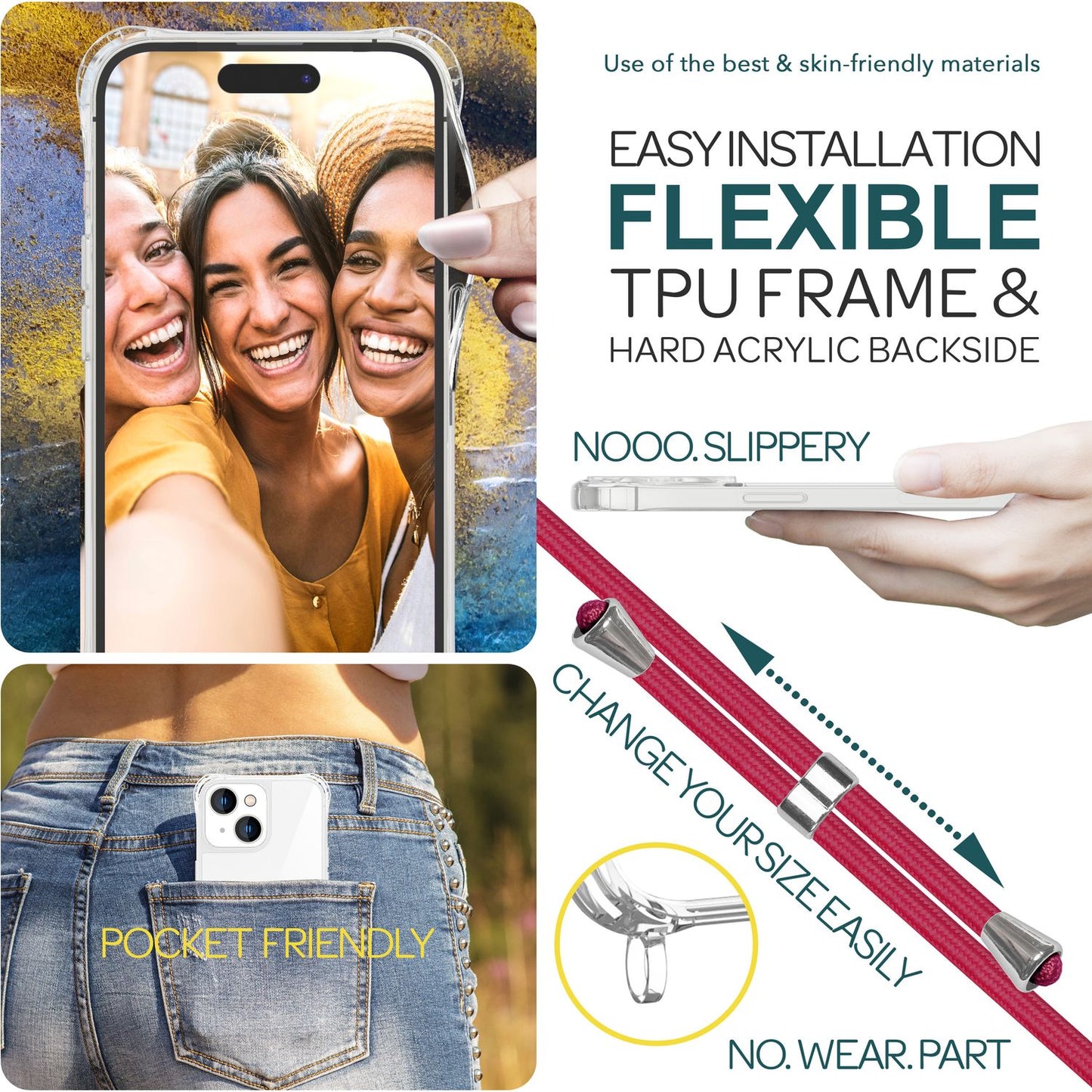 NALIA Handykette für iPhone 15 – Transparentes Hybrid-Case & Band – HANGIT PRO (Anti-Gelb Rückseite & Verstellbar) – Marke aus Berlin