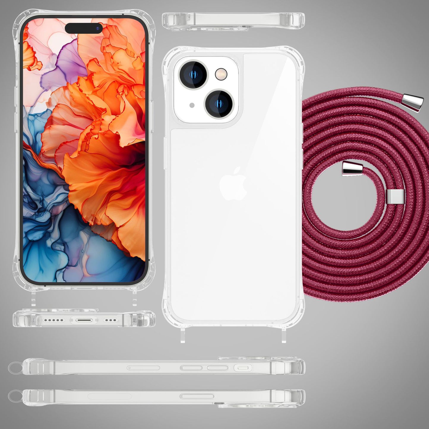 NALIA Handykette für iPhone 15 – Transparentes Hybrid-Case & Band – HANGIT PRO (Anti-Gelb Rückseite & Verstellbar) – Marke aus Berlin