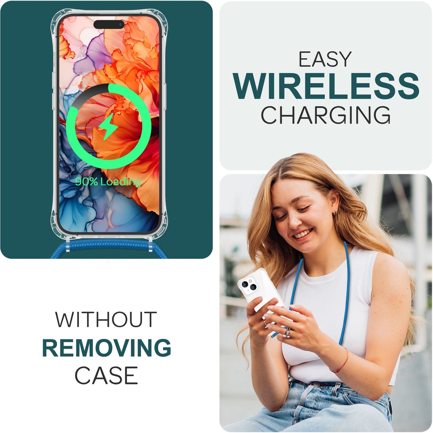 NALIA Handykette für iPhone 15 Plus – Transparentes Hybrid-Case & Band – HANGIT PRO (Anti-Gelb Rückseite & Verstellbar) – Marke aus Berlin