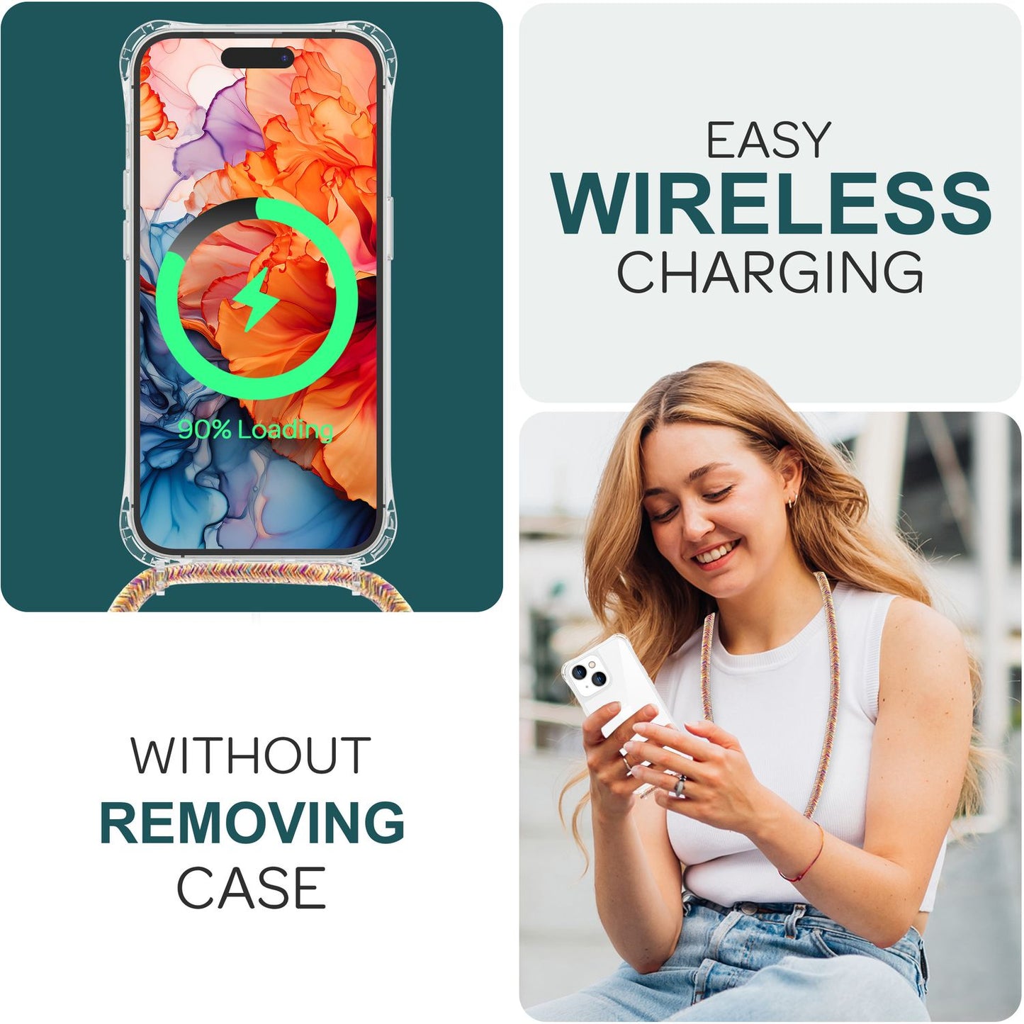 NALIA Handykette für iPhone 15 Plus – Transparentes Hybrid-Case & Band – HANGIT PRO (Anti-Gelb Rückseite & Verstellbar) – Marke aus Berlin