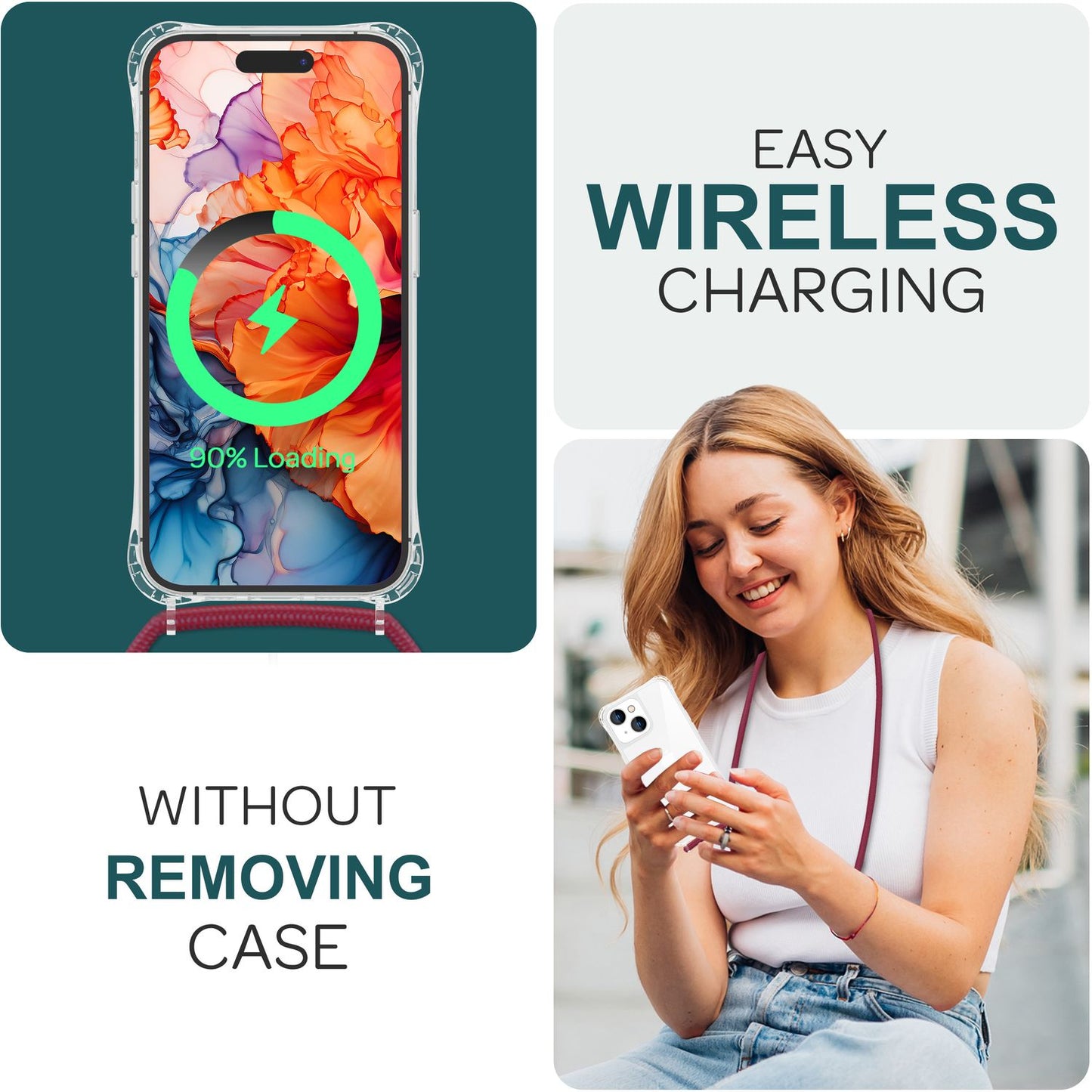 NALIA Handykette für iPhone 15 Plus – Transparentes Hybrid-Case & Band – HANGIT PRO (Anti-Gelb Rückseite & Verstellbar) – Marke aus Berlin