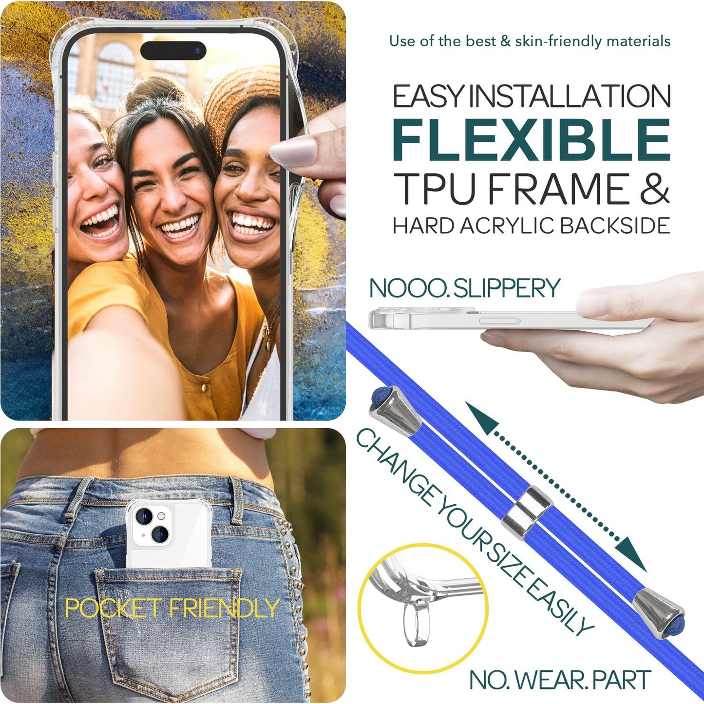 NALIA Handykette für iPhone 15 Plus – Transparentes Hybrid-Case & Band – HANGIT PRO (Anti-Gelb Rückseite & Verstellbar) – Marke aus Berlin