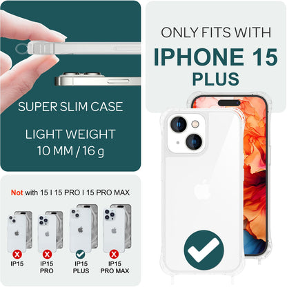NALIA Handykette für iPhone 15 Plus – Transparentes Hybrid-Case & Band – HANGIT PRO (Anti-Gelb Rückseite & Verstellbar) – Marke aus Berlin