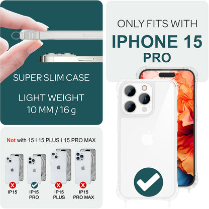 NALIA Handykette für iPhone 15 Pro – Transparentes Hybrid-Case & Band – HANGIT PRO (Anti-Gelb Rückseite & Verstellbar) – Marke aus Berlin
