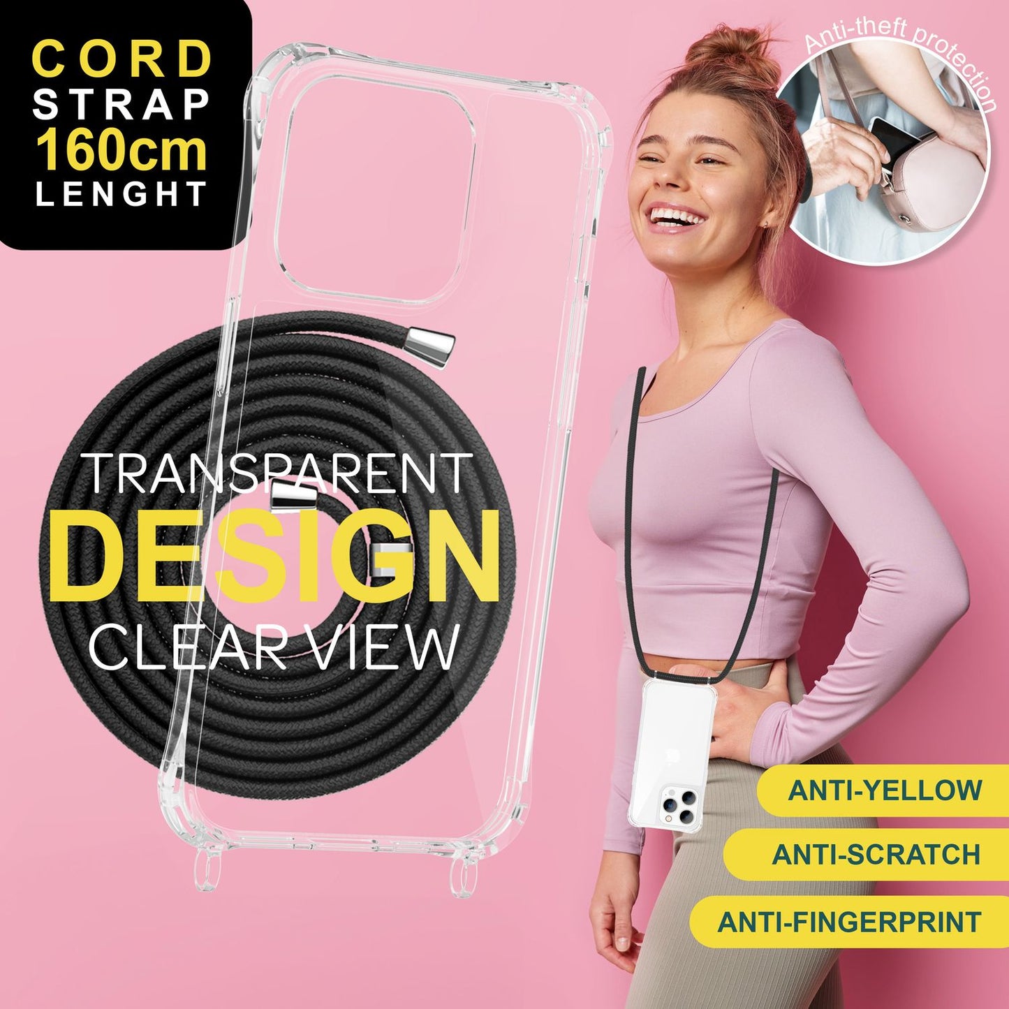 NALIA Handykette für iPhone 15 Pro – Transparentes Hybrid-Case & Band – HANGIT PRO (Anti-Gelb Rückseite & Verstellbar) – Marke aus Berlin