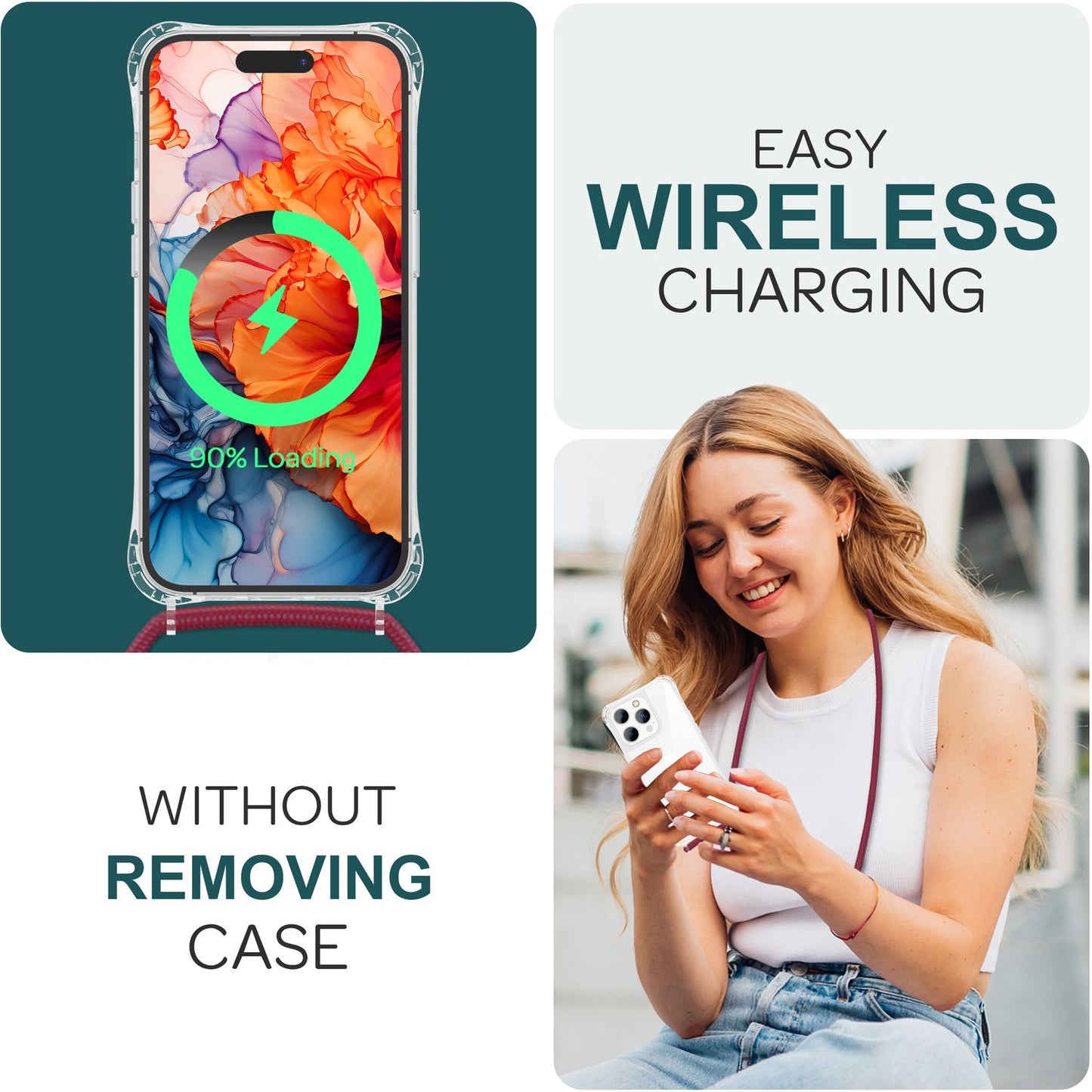 NALIA Handykette für iPhone 15 Pro – Transparentes Hybrid-Case & Band – HANGIT PRO (Anti-Gelb Rückseite & Verstellbar) – Marke aus Berlin