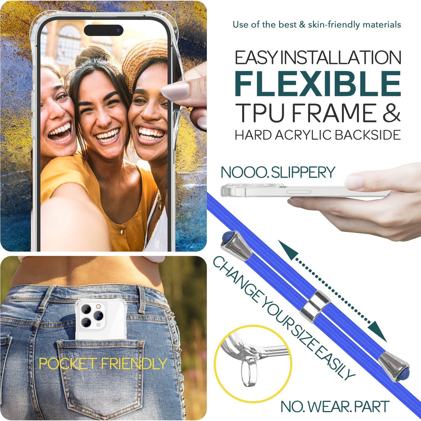 NALIA Handykette für iPhone 15 Pro – Transparentes Hybrid-Case & Band – HANGIT PRO (Anti-Gelb Rückseite & Verstellbar) – Marke aus Berlin