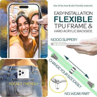 NALIA Handykette für iPhone 15 Pro – Transparentes Hybrid-Case & Band – HANGIT PRO (Anti-Gelb Rückseite & Verstellbar) – Marke aus Berlin