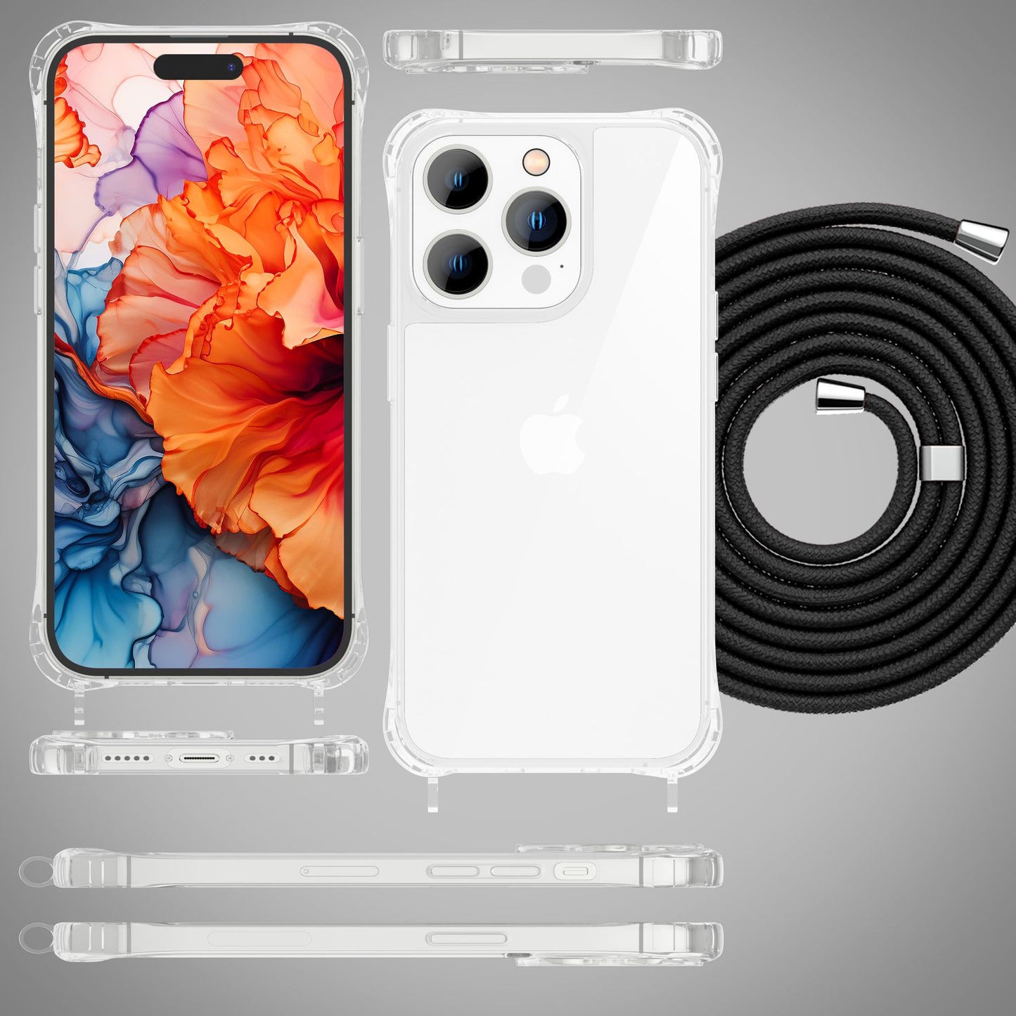 NALIA Handykette für iPhone 15 Pro – Transparentes Hybrid-Case & Band – HANGIT PRO (Anti-Gelb Rückseite & Verstellbar) – Marke aus Berlin