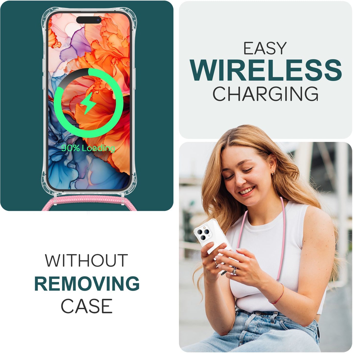 NALIA Handykette für iPhone 15 Pro Max – Transparentes Hybrid-Case & Band – HANGIT PRO (Anti-Gelb Rückseite & Verstellbar) – Marke aus Berlin