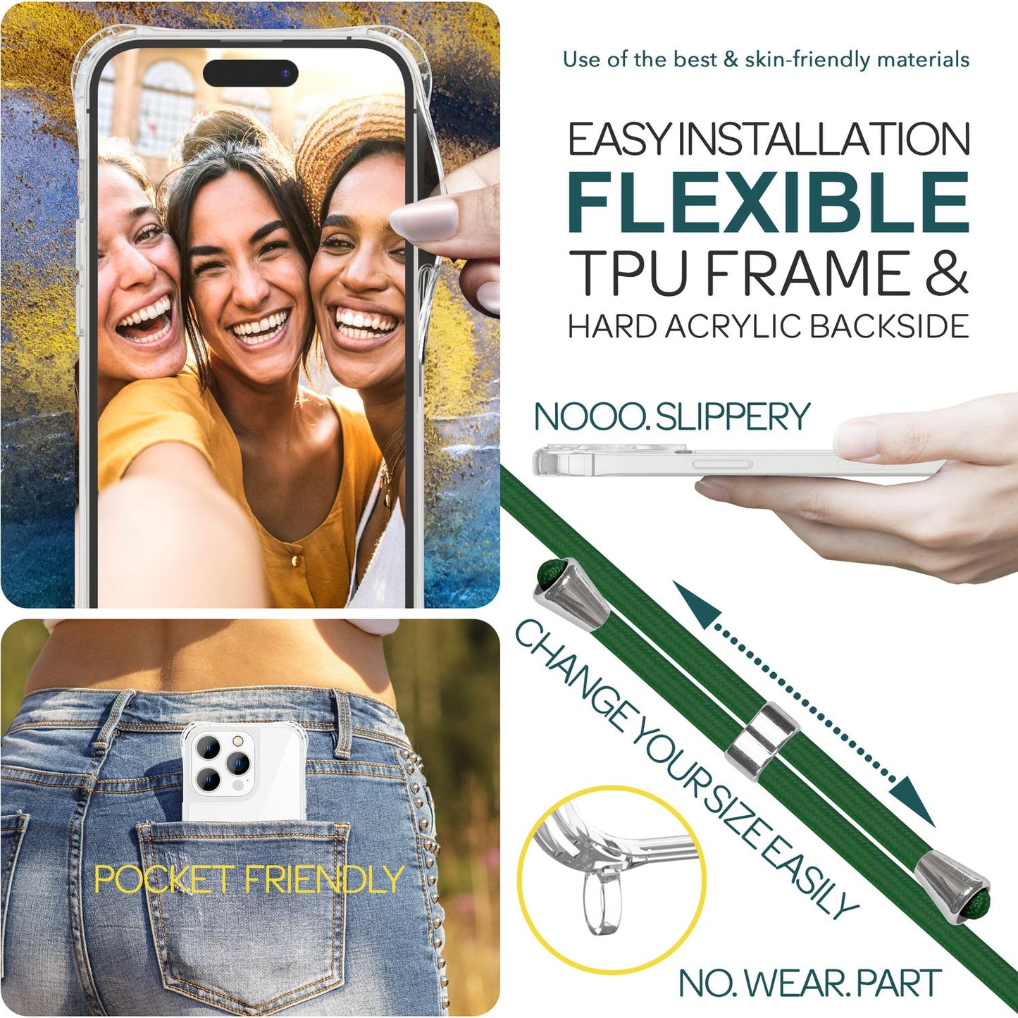 NALIA Handykette für iPhone 15 Pro Max – Transparentes Hybrid-Case & Band – HANGIT PRO (Anti-Gelb Rückseite & Verstellbar) – Marke aus Berlin