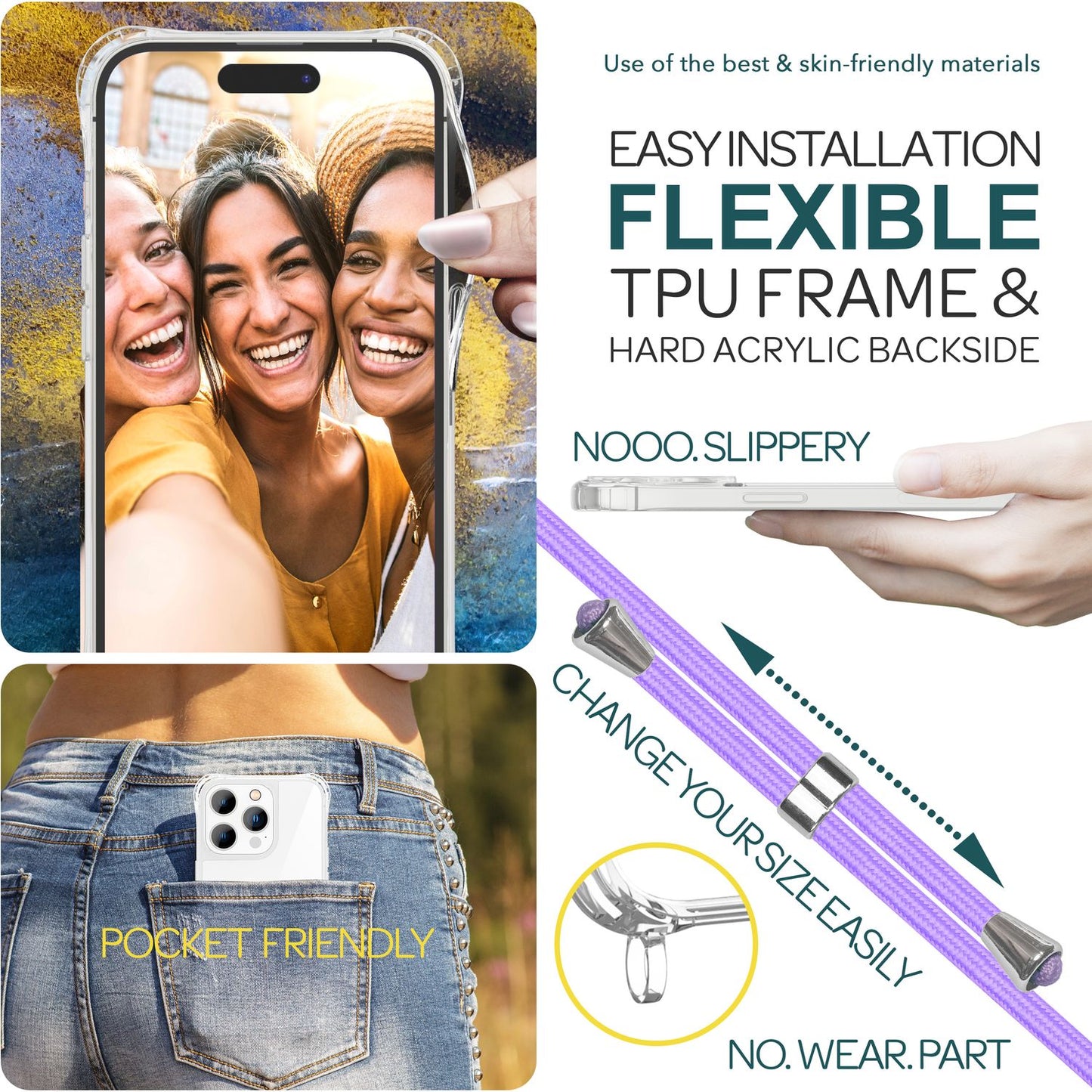 NALIA Handykette für iPhone 15 Pro Max – Transparentes Hybrid-Case & Band – HANGIT PRO (Anti-Gelb Rückseite & Verstellbar) – Marke aus Berlin
