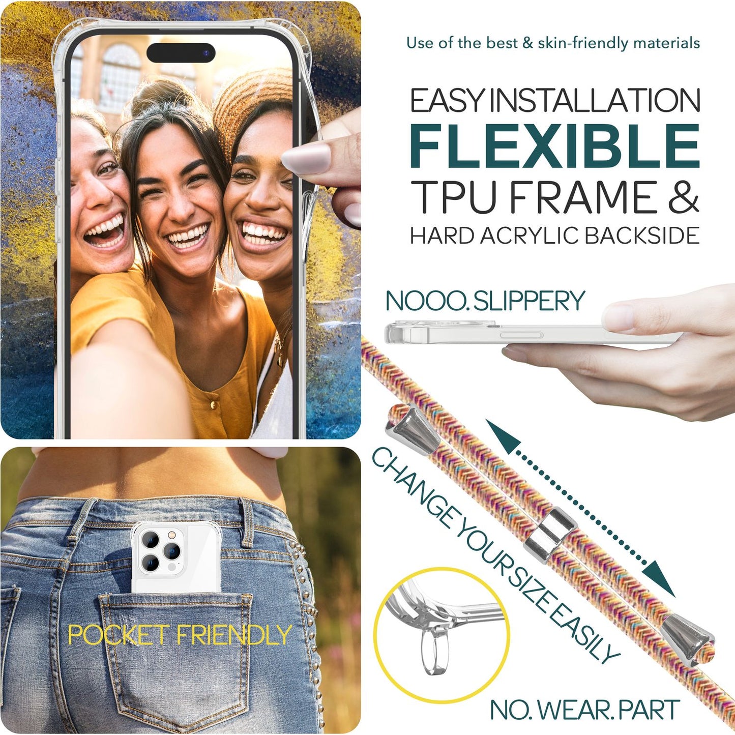 NALIA Handykette für iPhone 15 Pro Max – Transparentes Hybrid-Case & Band – HANGIT PRO (Anti-Gelb Rückseite & Verstellbar) – Marke aus Berlin