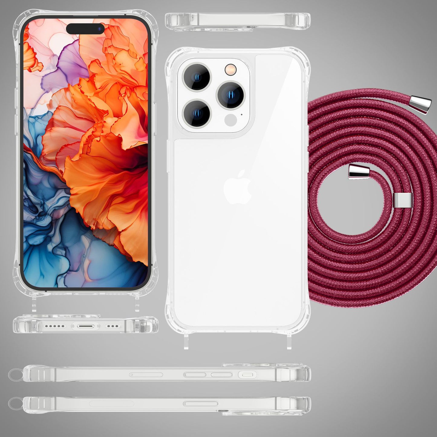 NALIA Handykette für iPhone 15 Pro Max – Transparentes Hybrid-Case & Band – HANGIT PRO (Anti-Gelb Rückseite & Verstellbar) – Marke aus Berlin
