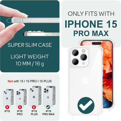 NALIA Handykette für iPhone 15 Pro Max – Transparentes Hybrid-Case & Band – HANGIT PRO (Anti-Gelb Rückseite & Verstellbar) – Marke aus Berlin