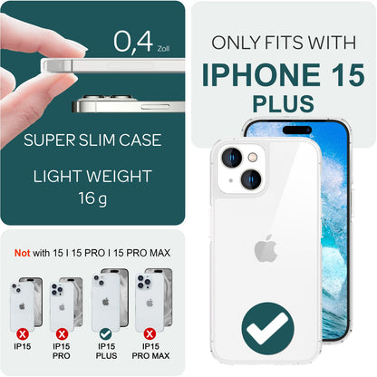 NALIA Transparente Hülle für iPhone 15 Plus – Anti-Gelb & Stoßfest – BLYSS (Rückseite in Glas-Optik) – Marke aus Berlin