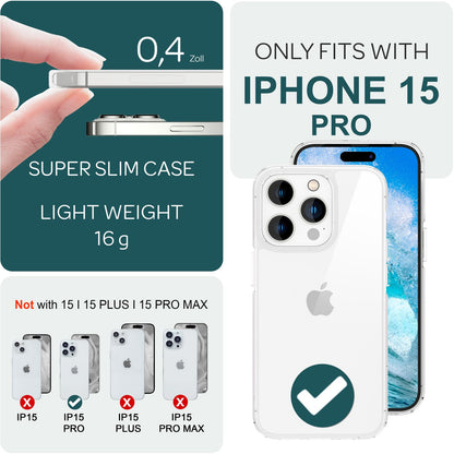 NALIA Transparente Hülle für iPhone 15 Pro – Anti-Gelb & Stoßfest – BLYSS (Rückseite in Glas-Optik) – Marke aus Berlin
