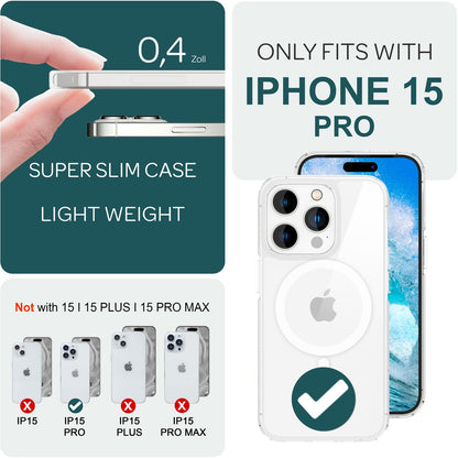NALIA Transparentes Magnet Case für iPhone 15 Pro – MagPower System (MagSafe kompatibel) – LUMEX (Edle Glas-Optik, aber unzerbrechlich) – Marke aus Berlin