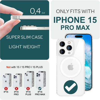 NALIA Transparentes Magnet Case für iPhone 15 Pro Max – MagPower System (MagSafe kompatibel) – LUMEX (Edle Glas-Optik, aber unzerbrechlich) – Marke aus Berlin