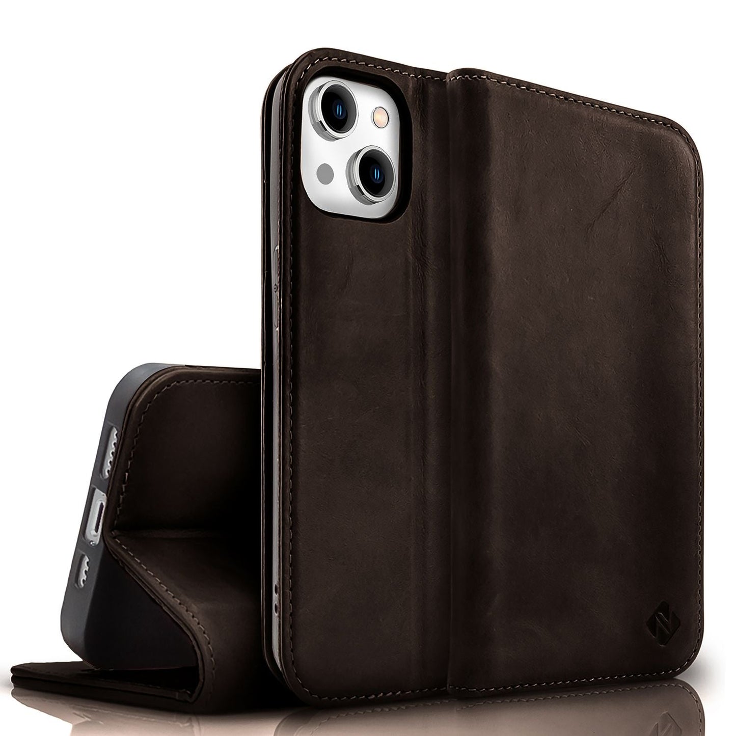 NALIA Echtlederhülle für iPhone 15 – RFID Wallet & Magnet-Verschluss – LEVANTO (Handgefertigte Klapphülle) – Marke aus Berlin