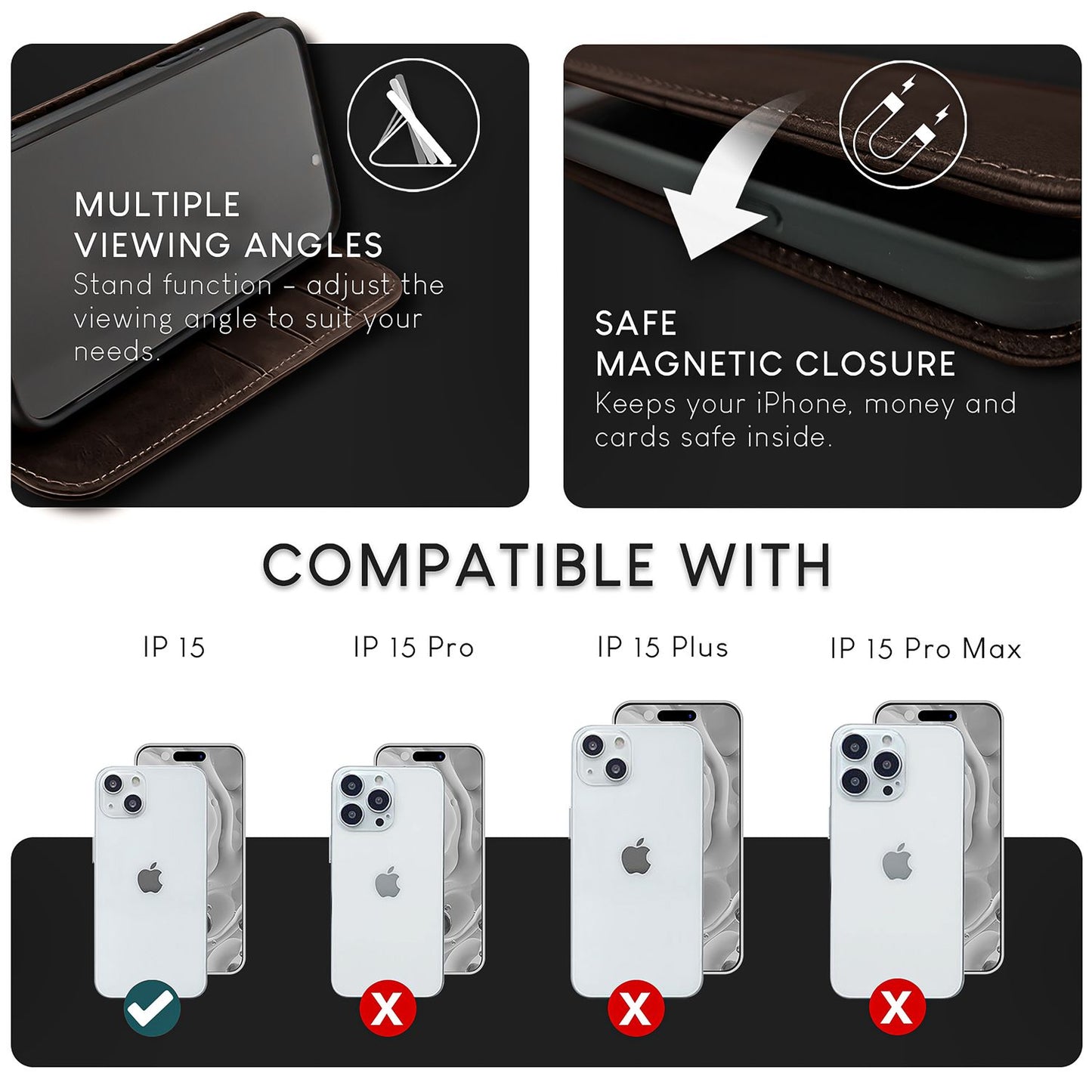 NALIA Echtlederhülle für iPhone 15 – RFID Wallet & Magnet-Verschluss – LEVANTO (Handgefertigte Klapphülle) – Marke aus Berlin