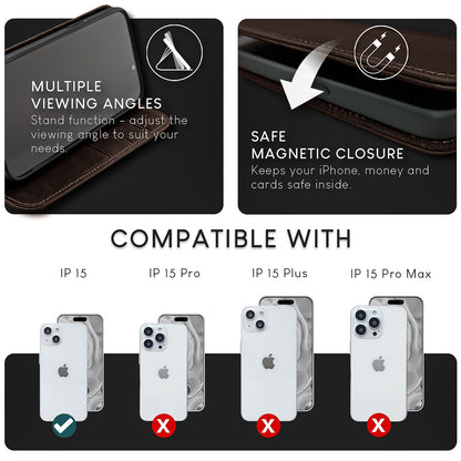 NALIA Echtlederhülle für iPhone 15 – RFID Wallet & Magnet-Verschluss – LEVANTO (Handgefertigte Klapphülle) – Marke aus Berlin