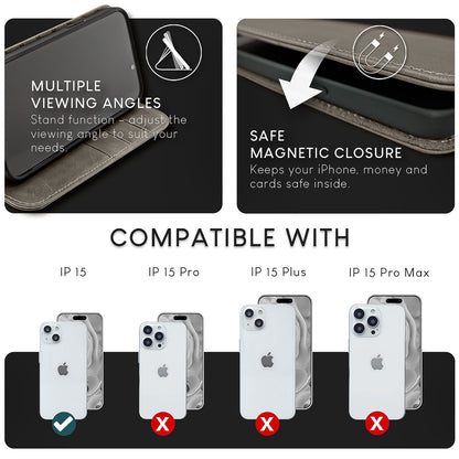 NALIA Echtlederhülle für iPhone 15 – RFID Wallet & Magnet-Verschluss – LEVANTO (Handgefertigte Klapphülle) – Marke aus Berlin