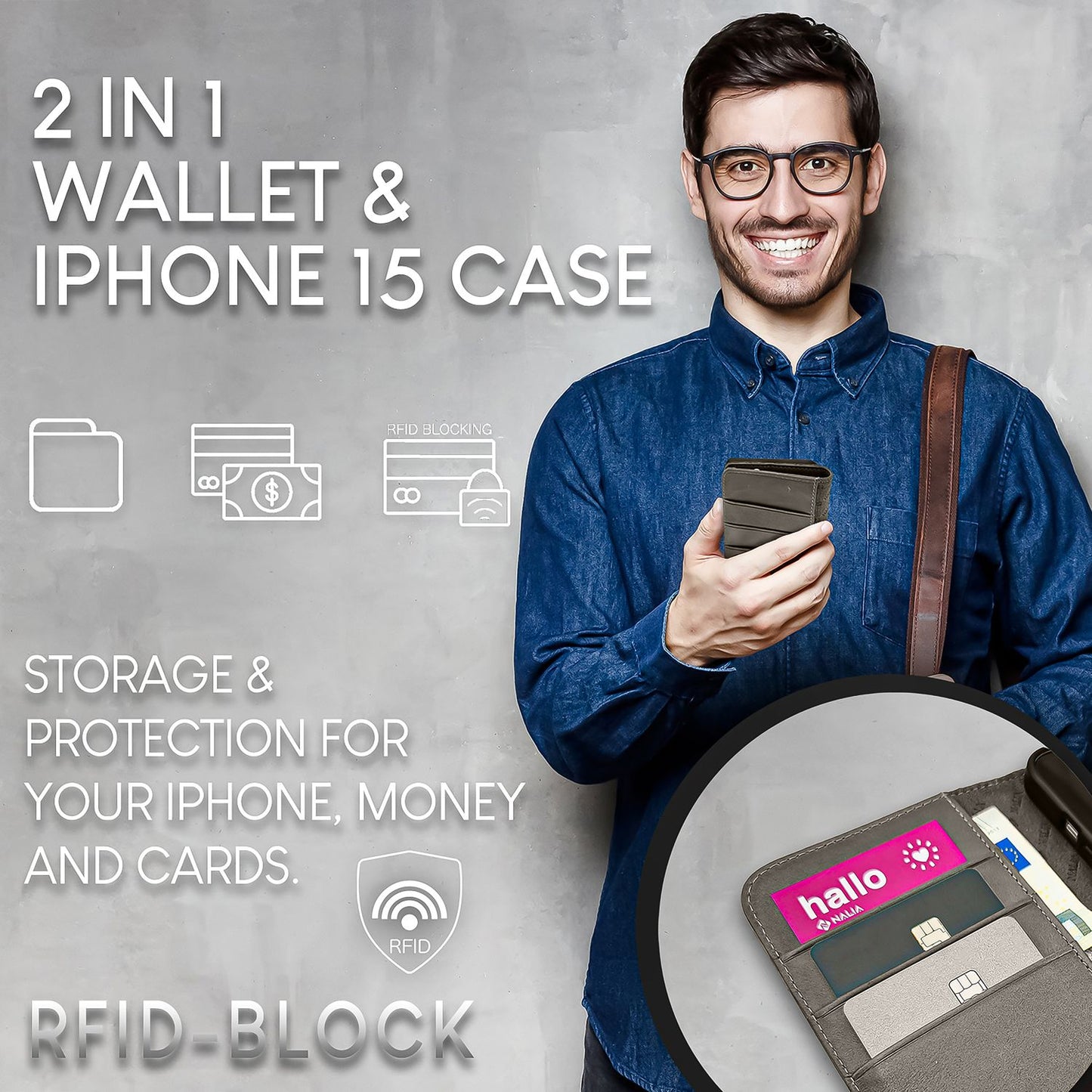 NALIA Echtlederhülle für iPhone 15 – RFID Wallet & Magnet-Verschluss – LEVANTO (Handgefertigte Klapphülle) – Marke aus Berlin