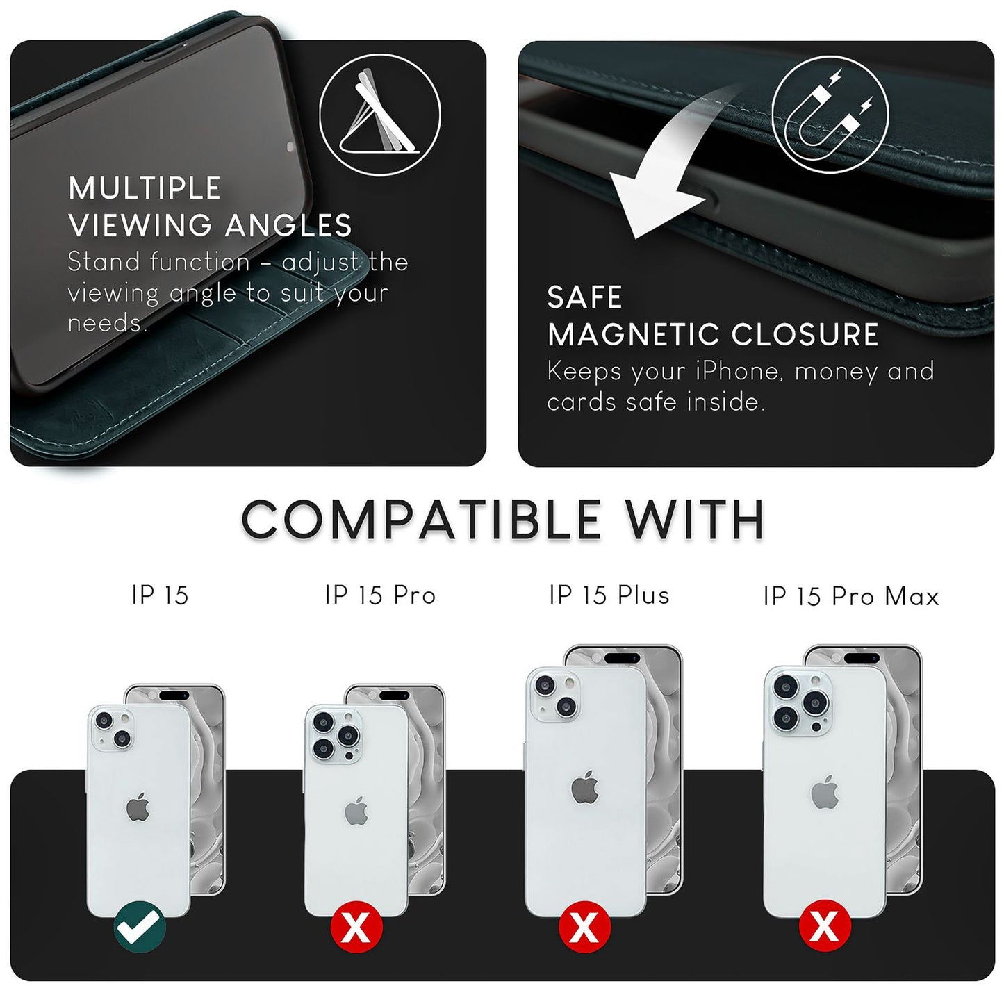 NALIA Echtlederhülle für iPhone 15 – RFID Wallet & Magnet-Verschluss – LEVANTO (Handgefertigte Klapphülle) – Marke aus Berlin