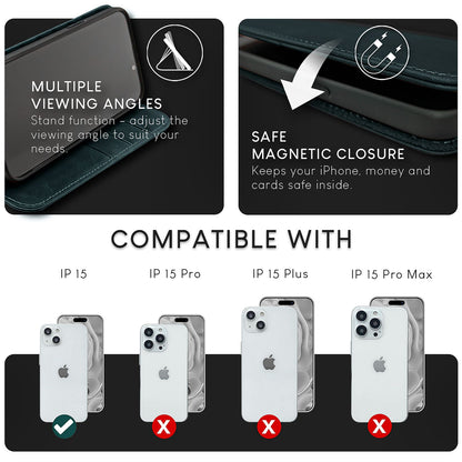 NALIA Echtlederhülle für iPhone 15 – RFID Wallet & Magnet-Verschluss – LEVANTO (Handgefertigte Klapphülle) – Marke aus Berlin