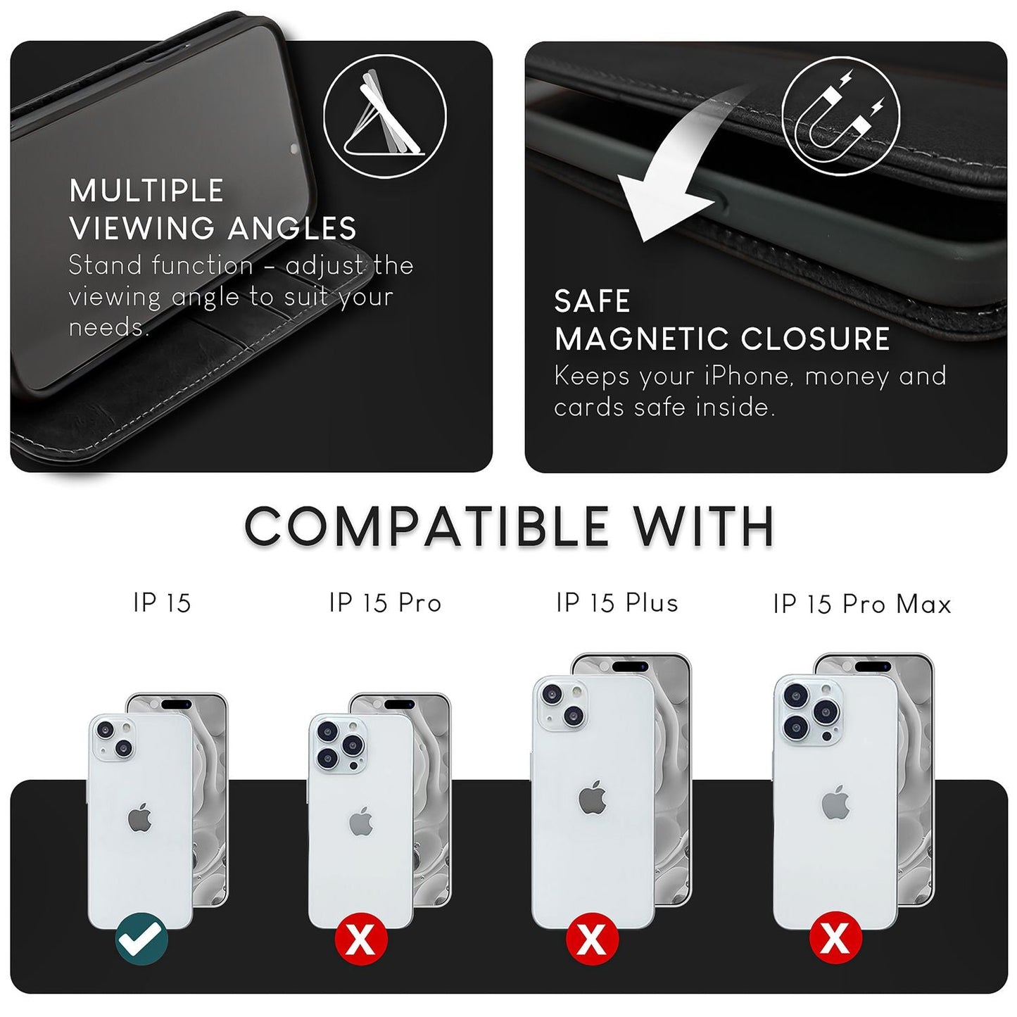 NALIA Echtlederhülle für iPhone 15 – RFID Wallet & Magnet-Verschluss – LEVANTO (Handgefertigte Klapphülle) – Marke aus Berlin