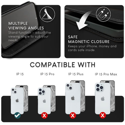 NALIA Echtlederhülle für iPhone 15 – RFID Wallet & Magnet-Verschluss – LEVANTO (Handgefertigte Klapphülle) – Marke aus Berlin