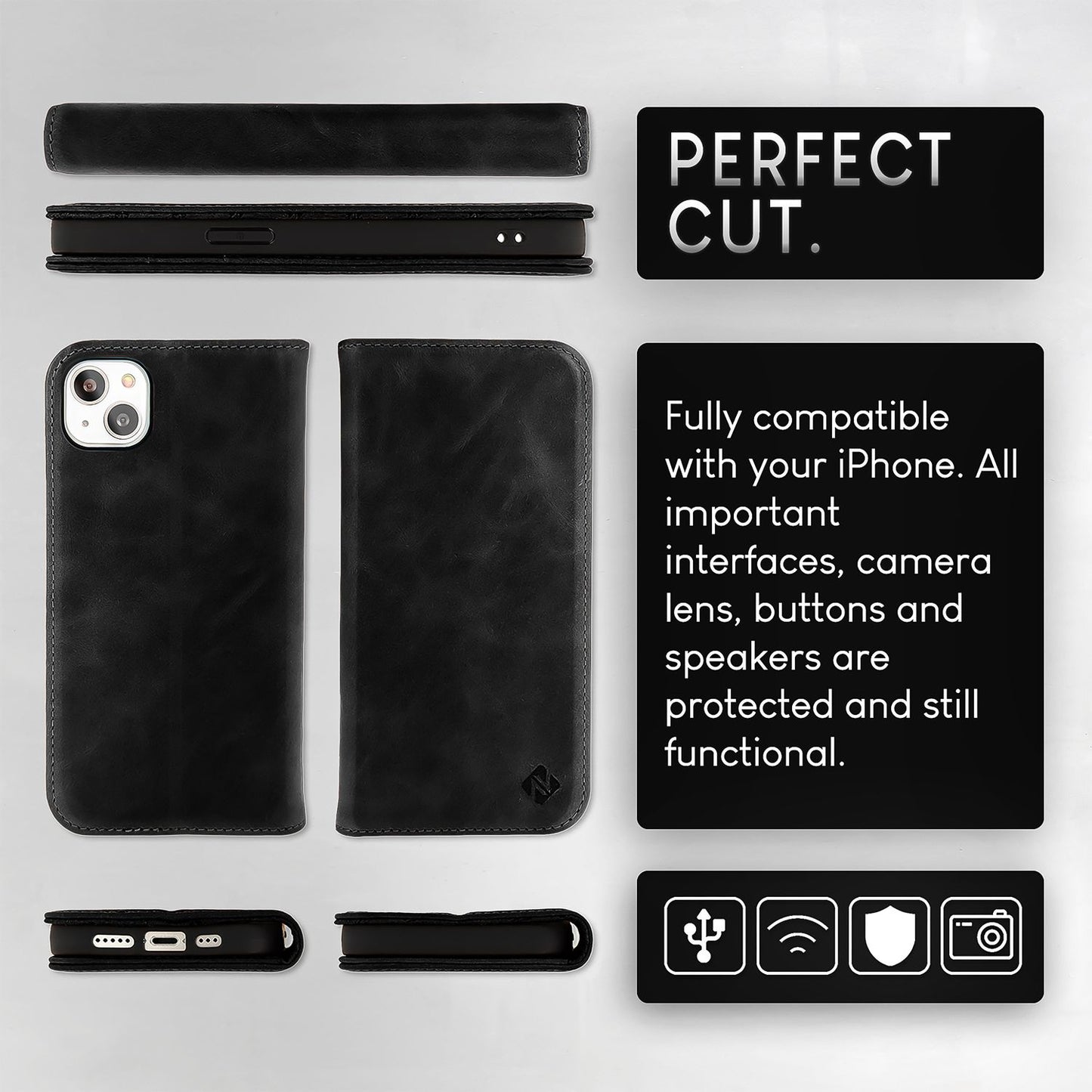 NALIA Echtlederhülle für iPhone 15 – RFID Wallet & Magnet-Verschluss – LEVANTO (Handgefertigte Klapphülle) – Marke aus Berlin