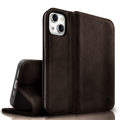 NALIA Echtlederhülle für iPhone 15 Plus – RFID Wallet & Magnet-Verschluss – LEVANTO (Handgefertigte Klapphülle) – Marke aus Berlin