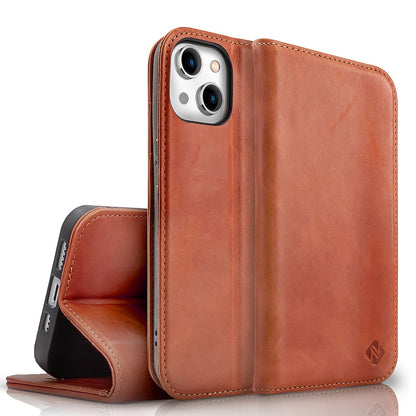 NALIA Echtlederhülle für iPhone 15 Plus – RFID Wallet & Magnet-Verschluss – LEVANTO (Handgefertigte Klapphülle) – Marke aus Berlin
