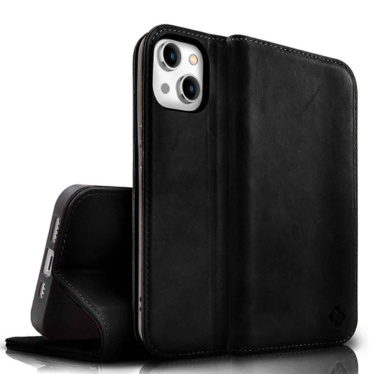 NALIA Echtlederhülle für iPhone 15 Plus – RFID Wallet & Magnet-Verschluss – LEVANTO (Handgefertigte Klapphülle) – Marke aus Berlin