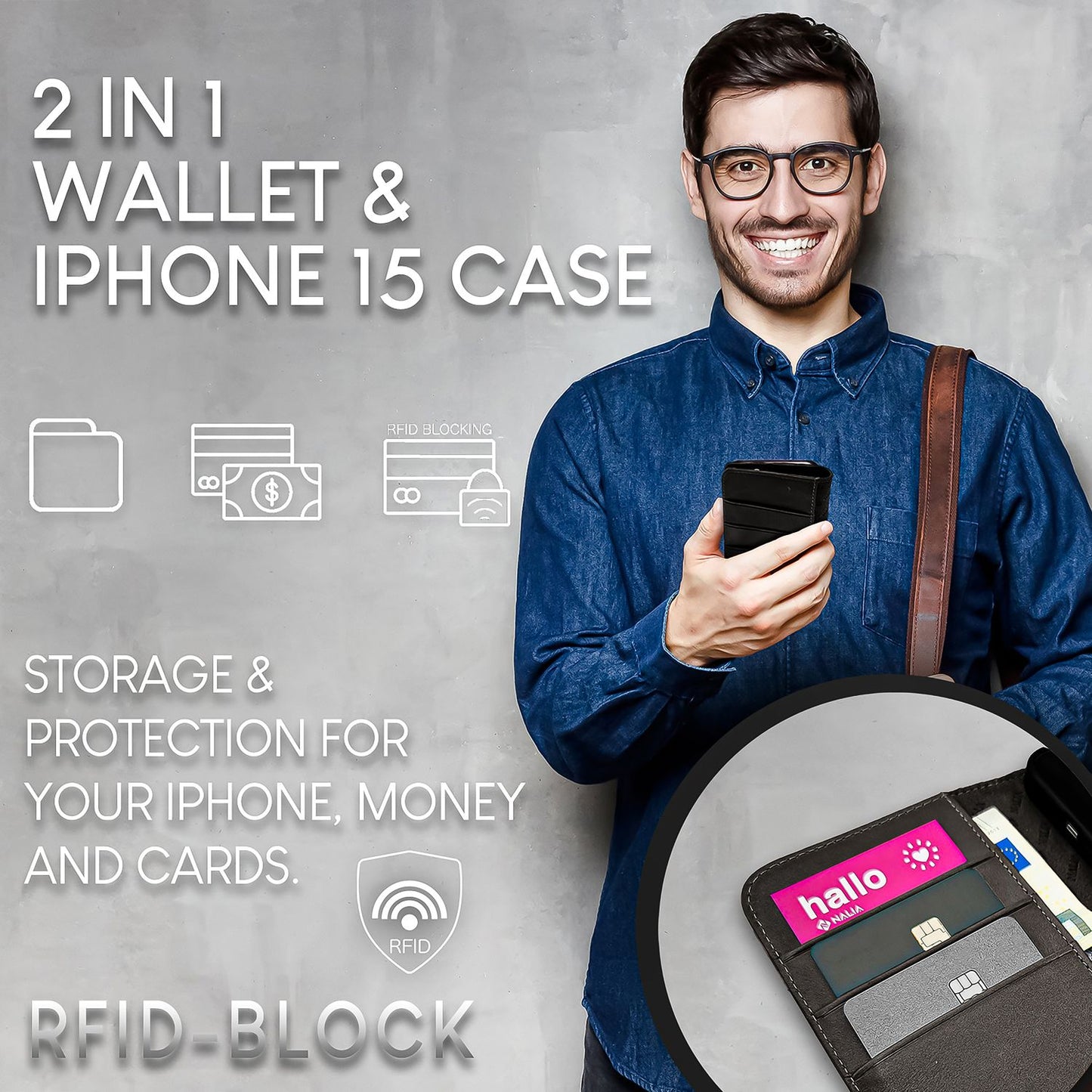 NALIA Echtlederhülle für iPhone 15 Plus – RFID Wallet & Magnet-Verschluss – LEVANTO (Handgefertigte Klapphülle) – Marke aus Berlin