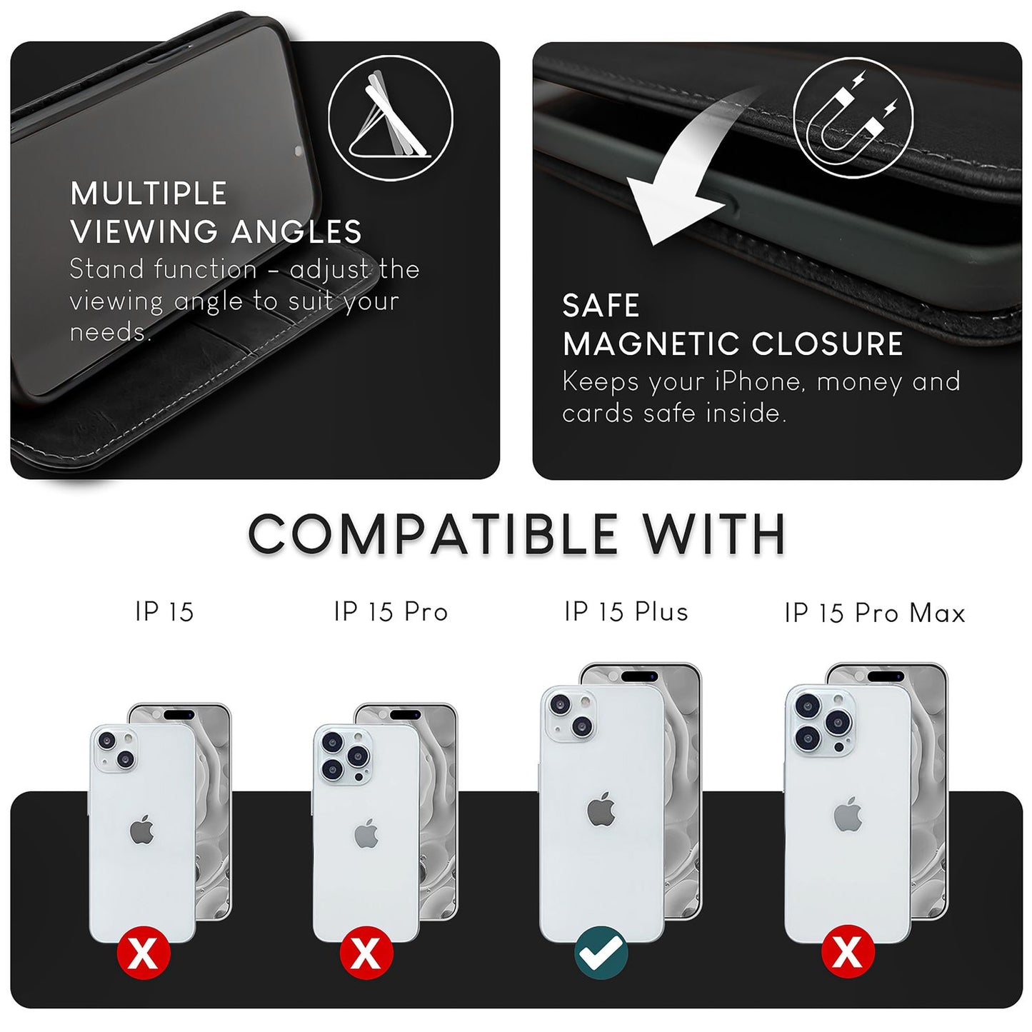 NALIA Echtlederhülle für iPhone 15 Plus – RFID Wallet & Magnet-Verschluss – LEVANTO (Handgefertigte Klapphülle) – Marke aus Berlin