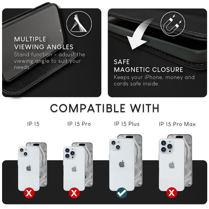 NALIA Echtlederhülle für iPhone 15 Plus – RFID Wallet & Magnet-Verschluss – LEVANTO (Handgefertigte Klapphülle) – Marke aus Berlin