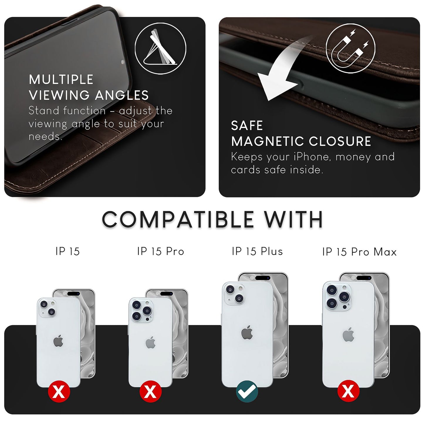 NALIA Echtlederhülle für iPhone 15 Plus – RFID Wallet & Magnet-Verschluss – LEVANTO (Handgefertigte Klapphülle) – Marke aus Berlin