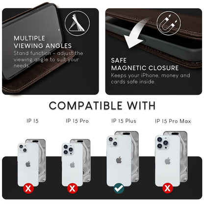 NALIA Echtlederhülle für iPhone 15 Plus – RFID Wallet & Magnet-Verschluss – LEVANTO (Handgefertigte Klapphülle) – Marke aus Berlin